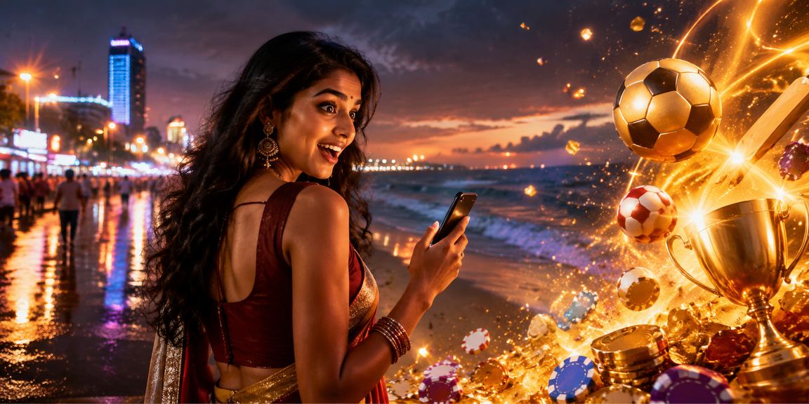 Chennai Marina Beach at night with mobile slot gameplay illustration